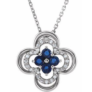 Collier trèfle 18 pouces (45,7 cm) en or blanc 14 carats, saphir bleu de laboratoire et diamants naturels (0,08 carat au total).