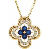 Collier trèfle 18 pouces (45,7 cm) en or jaune 14 carats, saphir bleu de laboratoire et diamants naturels (0,08 carat au total).