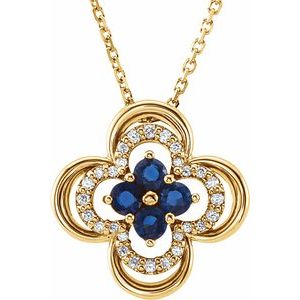 Collier trèfle 18 pouces (45,7 cm) en or jaune 14 carats, saphir bleu de laboratoire et diamants naturels (0,08 carat au total).