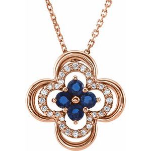 Collier trèfle 18 pouces en or rose 14 carats, saphir bleu naturel et diamants naturels (0,10 carat au total)