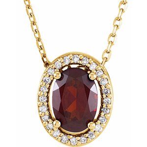 Collier de 40 cm (16 pouces) en or jaune 14 carats, serti d'un grenat naturel du Mozambique et de diamants naturels (0,05 carat au total).
