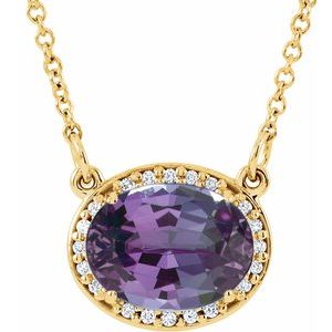 Collier de 42 cm (16 1/2 po) en or jaune 14 carats, alexandrite de laboratoire et diamants naturels (0,04 carat au total).