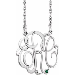 Collier monogramme 3 initiales en argent sterling rhodié 25 mm, imitation émeraude, 45,7 cm (18 pouces)