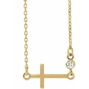 Collier croix latérale en or jaune 14 carats serti de diamants naturels (0,03 carat au total), 40-45 cm (16-18 pouces).