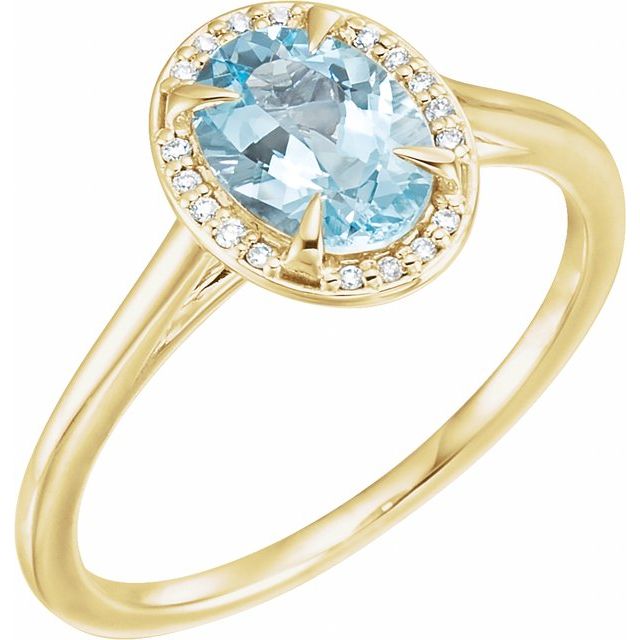 Bague en or jaune 14 carats avec aigue-marine naturelle de 8 x 6 mm et diamants naturels (0,04 carat au total).