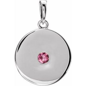 Pendentif disque en platine et tourmaline rose naturelle