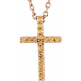 Collier croix fine 16 pouces en or rose 14 carats et saphir jaune naturel