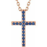 Collier croix fine 16 pouces en or rose 14 carats et saphir bleu naturel