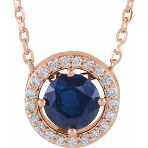 Collier de style halo en or rose 14 carats, saphir bleu de laboratoire et diamants naturels (0,05 carat au total), 40,6 cm (16 pouces).