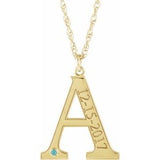 Collier en argent sterling plaqué or jaune 14 carats avec initiale A en zircon bleu imitation gravable, 45,7 cm (18 pouces).