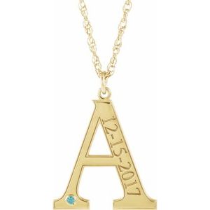 Collier en argent sterling plaqué or jaune 14 carats avec initiale A en zircon bleu imitation gravable, 45,7 cm (18 pouces).