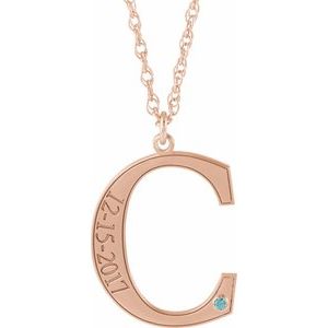 Collier en argent sterling plaqué or rose 14 carats avec initiale C en zircon bleu synthétique gravable, 45,7 cm (18 pouces).