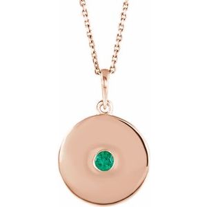 Collier en or rose 14 carats avec disque d'émeraude naturelle, 40-45 cm (16-18 pouces).