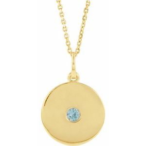 Collier en or jaune 14 carats avec disque en zircon bleu naturel, 40-45 cm (16-18 pouces).