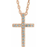 Collier croix fine 16" en or rose 14 carats et topaze bleue suisse naturelle