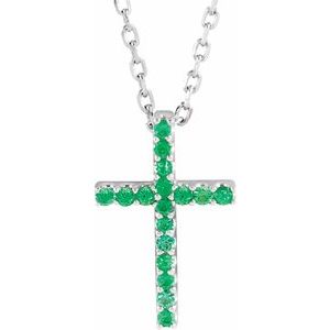 Collier croix fine en or blanc 14 carats et émeraude naturelle, 40 cm (16 pouces).