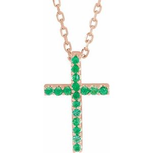 Collier croix fine en or rose 14 carats et émeraude naturelle, 40 cm (16 pouces).
