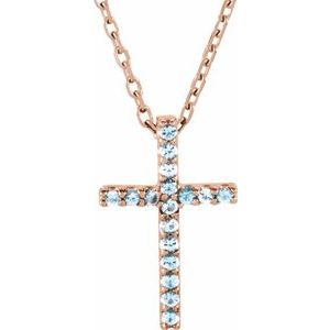 Collier croix fine en or rose 14 carats et aigue-marine naturelle, 40 cm (16 pouces).