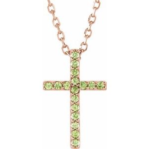 Collier croix fine 16" en or rose 14 carats et péridot naturel