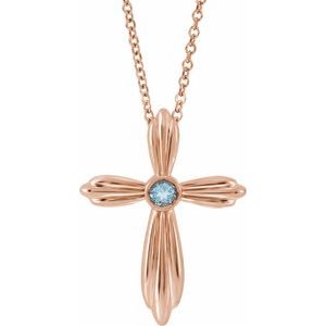 Collier croix en or rose 14 carats et aigue-marine naturelle, 40-45 cm