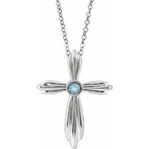 Collier croix en platine et aigue-marine naturelle 40-45 cm