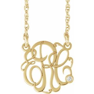 Collier monogramme 18 pouces en or jaune 10 carats, diamants naturels de 0,02 carat, 25 mm, initiales (3 initiales), 45,7 cm (18 pouces).