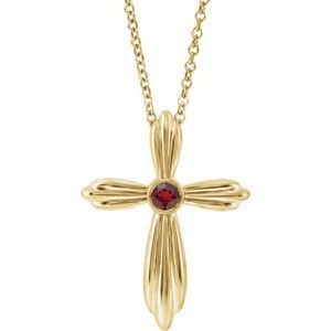 Collier croix en or jaune 14 carats et grenat naturel du Mozambique, 40-45 cm