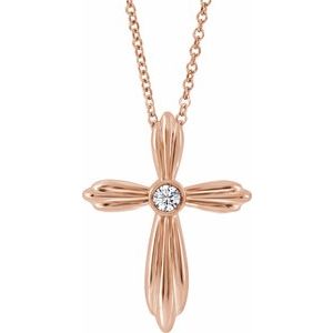 Collier croix en or rose 14 carats serti de diamants naturels (0,06 carat au total), 40-45 cm (16-18 pouces).