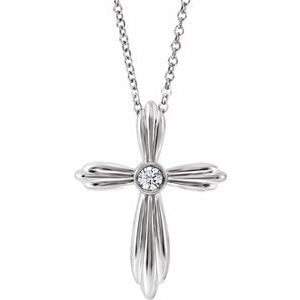 Collier croix en or blanc 14 carats serti de diamants naturels (0,06 carat au total), 40-45 cm (16-18 pouces).