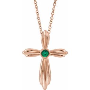 Collier croix en or rose 14 carats et émeraude naturelle, 40-45 cm