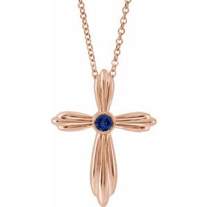 Collier croix en or rose 14 carats et saphir bleu naturel, 40-45 cm