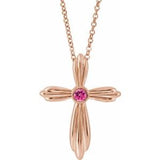 Collier croix en or rose 14 carats et tourmaline rose naturelle, 40-45 cm