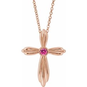 Collier croix en or rose 14 carats et tourmaline rose naturelle, 40-45 cm