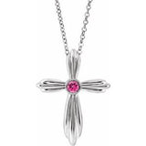 Collier croix en or blanc 14 carats et tourmaline rose naturelle, 40-45 cm