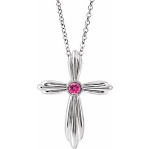 Collier croix en platine et tourmaline rose naturelle 40-45 cm