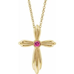 Collier croix en or jaune 14 carats et tourmaline rose naturelle, 40-45 cm