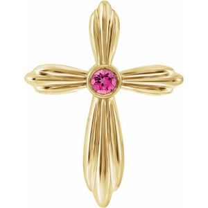 Pendentif croix en or jaune 14 carats et tourmaline rose naturelle