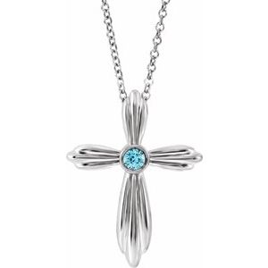 Collier croix en or blanc 14 carats et zircon bleu naturel, 40-45 cm