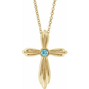 Collier croix en or jaune 14 carats et zircon bleu naturel, 40-45 cm