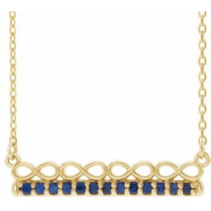 Collier barre 16 pouces en or jaune 14 carats et saphir bleu naturel, inspiré de l'infini