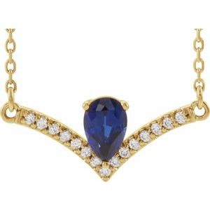 Collier de 40 cm (16 pouces) en or jaune 14 carats, saphir bleu de laboratoire et diamants naturels (0,06 carat au total).