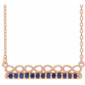 Collier barre 16 pouces en or rose 14 carats et saphir bleu naturel, inspiré de l'infini