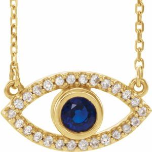 Collier œil protecteur en or jaune 14 carats, saphirs bleus et blancs naturels et saphirs bleus naturels, 45,7 cm (18 pouces).