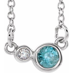 Collier de 40 cm (16 pouces) en or blanc 14 carats, zircon bleu naturel et diamants naturels (0,02 carat au total).