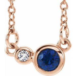 Collier 16 pouces en or rose 14 carats, saphir bleu naturel et diamants naturels (0,02 carat au total)