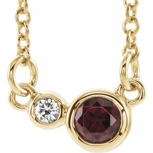 Collier de 40 cm (16 pouces) en or jaune 14 carats, serti d'un grenat naturel du Mozambique et de diamants naturels (0,02 carat au total).