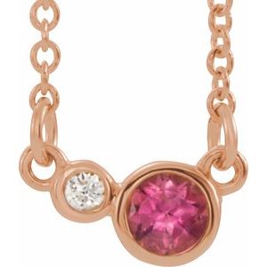 Collier 16 pouces en or rose 14 carats, tourmaline rose naturelle et diamants naturels (0,02 carat au total)