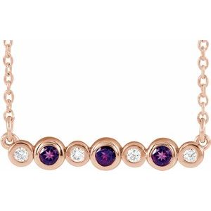 Collier en or 14 carats serti clos d'améthyste rose naturelle et de diamants naturels (0,08 carat au total), 40-45 cm