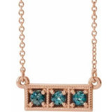 Collier trois pierres en or rose 14 carats avec zircon bleu naturel et barrette de 40 à 45 cm