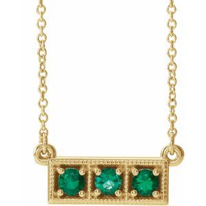 Collier trois pierres en or jaune 14 carats avec émeraude naturelle et barrette de 40 à 45 cm (16 à 18 pouces).